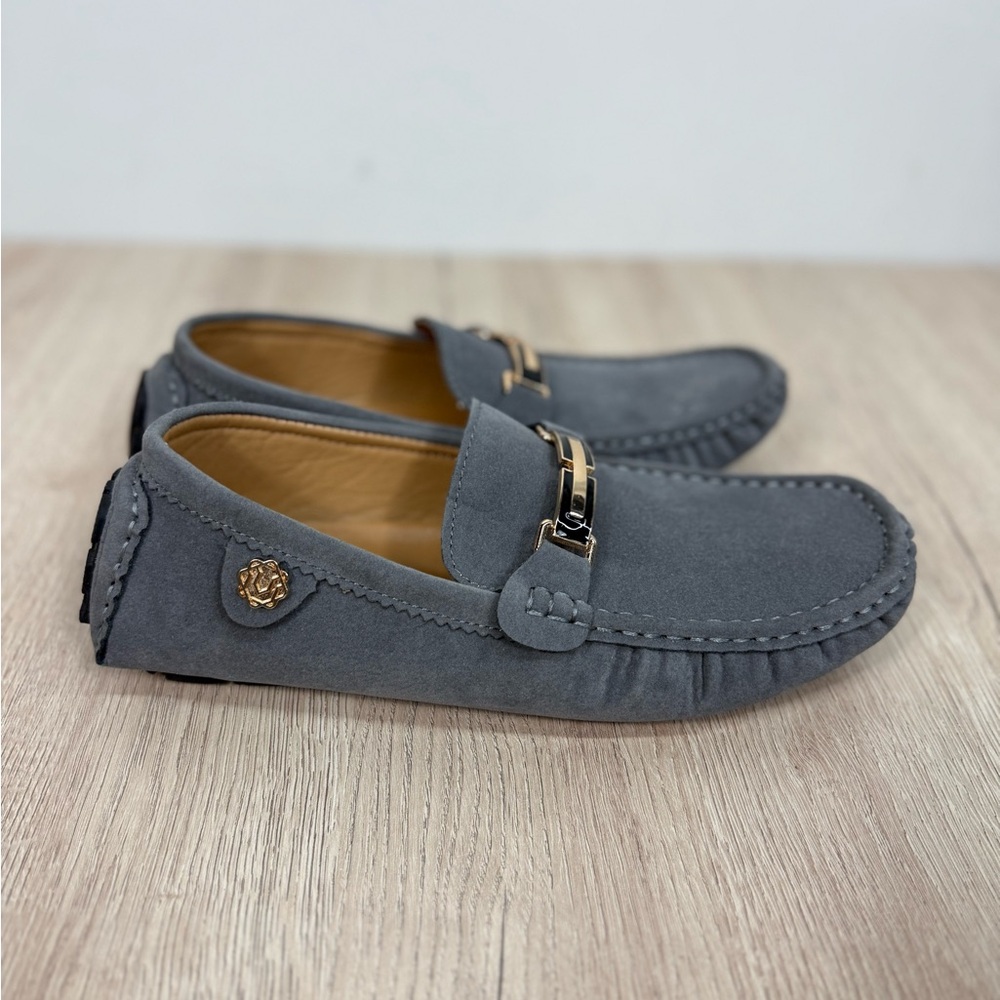Men's Gray Faux Suede Casual Slip On Loafers with Metal Bit Detailing Sz 8 New